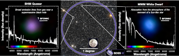 A three-panel image. The center panel shows a circle over part of the night sky. The left and right panels point to objects in the center panel. Left is an image and a spectrum of a quasar, right is an image and a spectrum of a white dwarf.